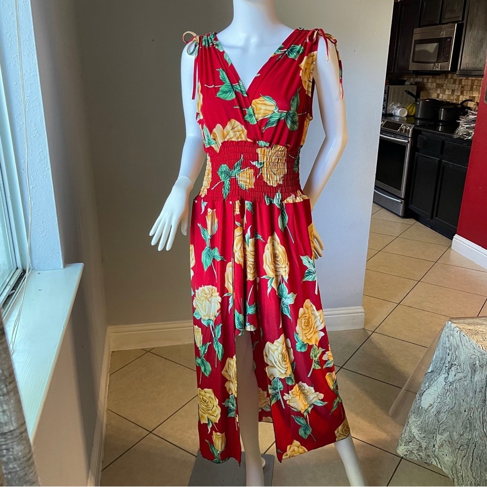 Vibrant Red Floral Romper Dress XL